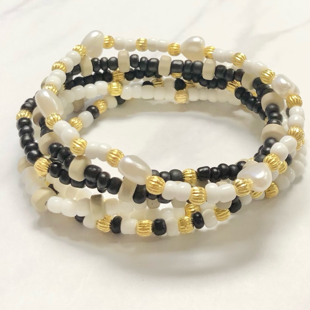 Black, White & Gold Beaded Wrap Bracelet